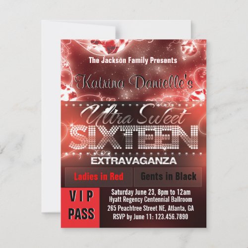 Diamond Glow Sweet Sixteen VIP Pass [Red Black] Personalized Invitations