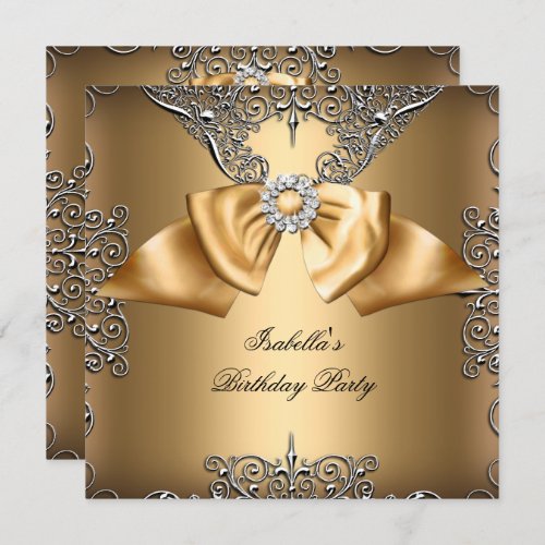 Diamond Gold Beige Bow Silver Elegant Birthday Invitation