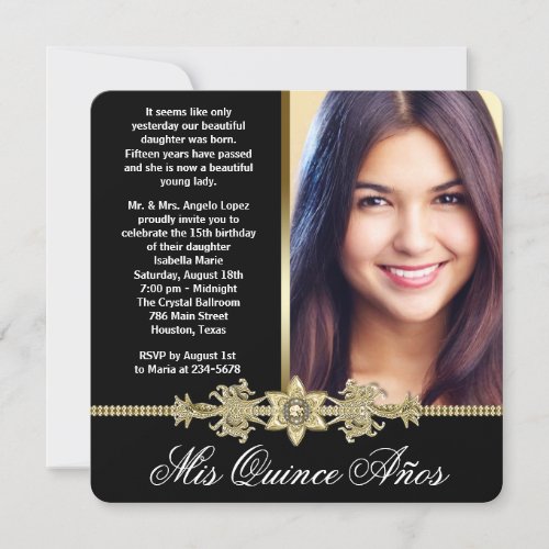 Diamond Gold Black Gold Photo Quinceanera Personalized Announcements