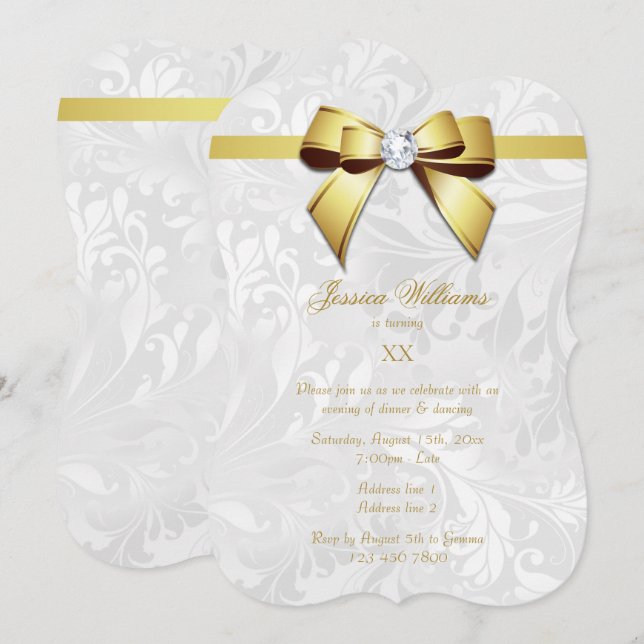 Diamond Gold Bow, Ribbon  & Damask Birthday Party Invitation (Front/Back)