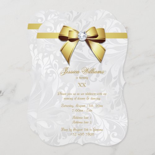 Diamond Gold Bow Ribbon   Damask Birthday Party Invitation