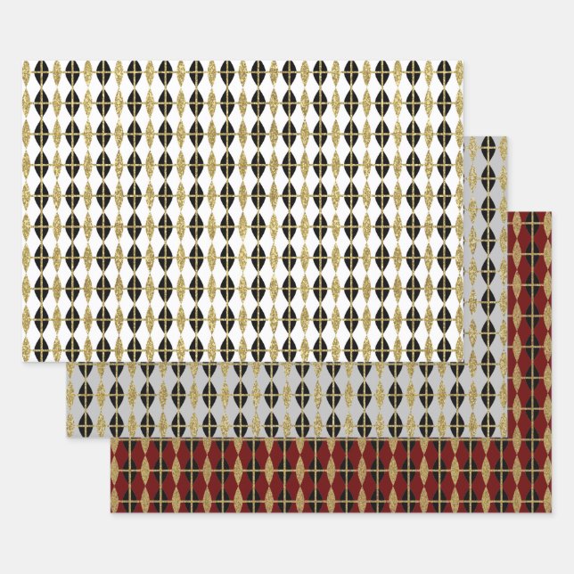 Diamond & Gold Grid Trio II Wrapping Paper Sheets (Set)