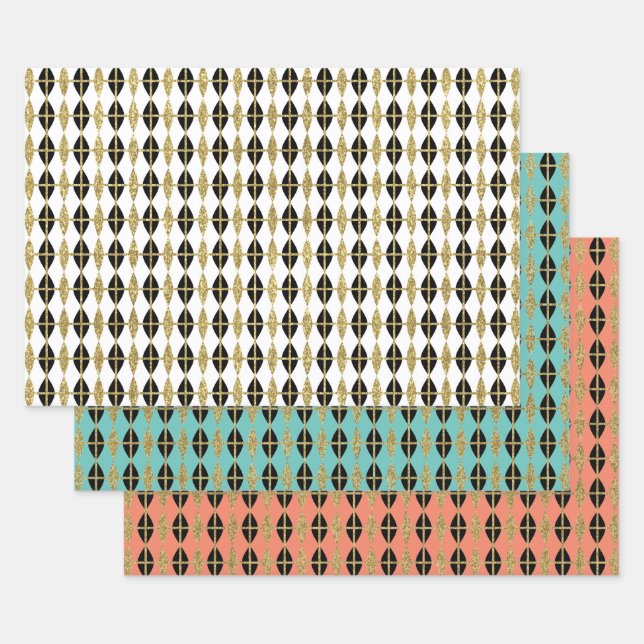 Diamond & Gold Grid Trio III Wrapping Paper Sheets (Set)