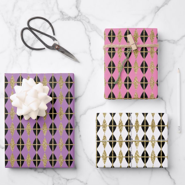 Diamond & Gold Grid Trio V Wrapping Paper Sheets (Front)