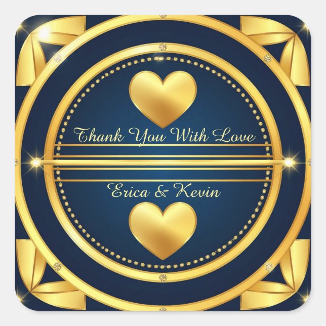 💍 Diamond Gold Heart Navy Wedding Favor 💍 Square Sticker (Front)