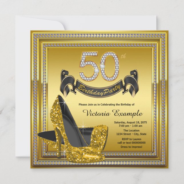 Diamond Gold High Heels Womans 50th Birthday Party Invitation (Front)