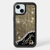 Diamond Gold Rhinestone Monogram Look iPhone 15 Case