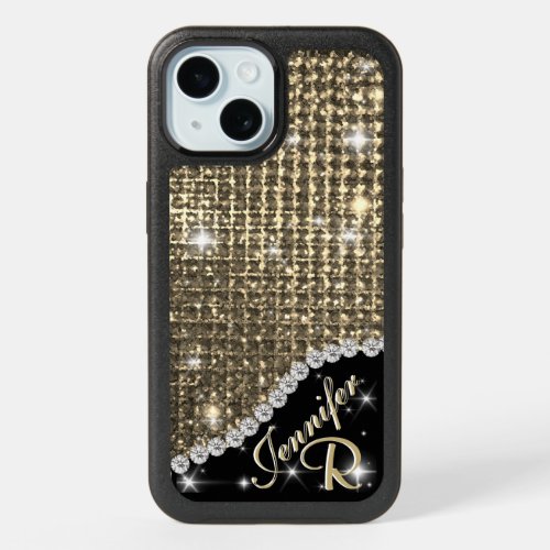 Diamond Gold Rhinestone Monogram Look iPhone 15 Case