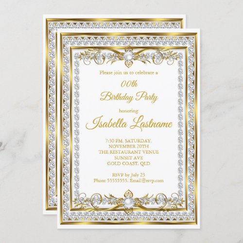 Diamond Gold White Pearl Elegant Birthday Party Invitation