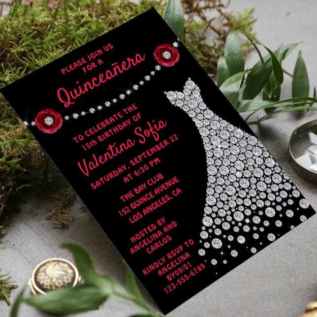 Diamond Gown Burgundy Rose Modern Quinceañera Invitation (Creator Uploaded)