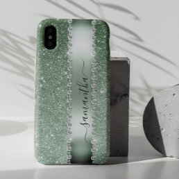 Diamond Green Faux Glitter Calligraphy Monogram  Samsung Galaxy S22 Ultra Case