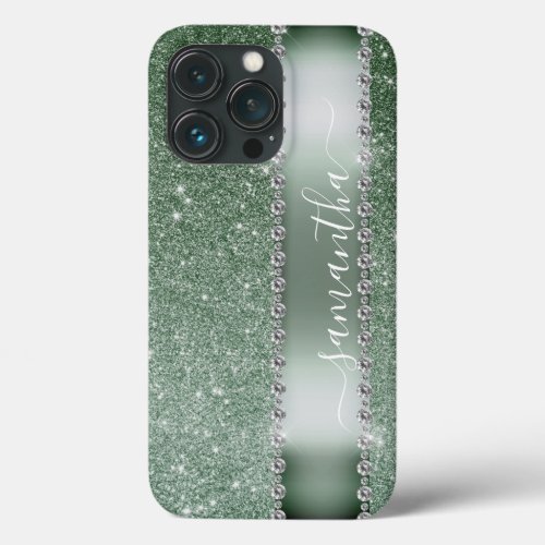 Diamond Green Glitter Calligraphy Monogram Name iPhone 13 Pro Case