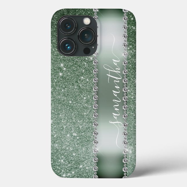Diamond Green Glitter Calligraphy Monogram Name Case-Mate iPhone Case (Back)