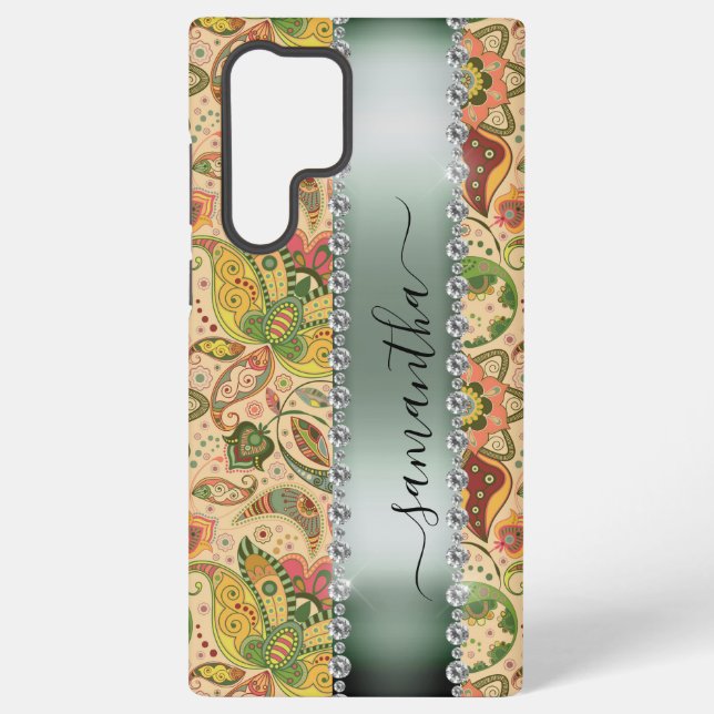 Diamond Green Paisley  Calligraphy Monogram Name Samsung Galaxy Case (Back)