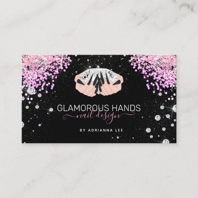 Diamond Hands Pink Glitter Black Nails Nail Tech B Business Card (Front)