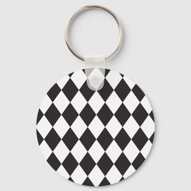 Diamond Harlequin Pattern in Black and White Keychain (Front)