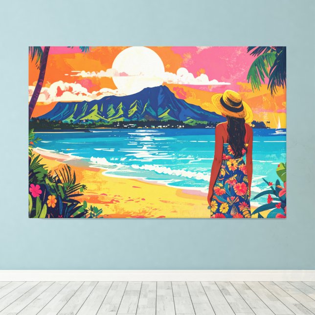 Diamond Head Hawaii tropical landscape Canvas Print (Insitu(Wood Floor))