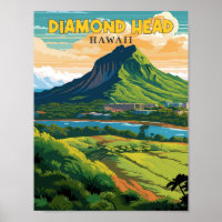 Diamond Head Hawaii vintage travel illustration