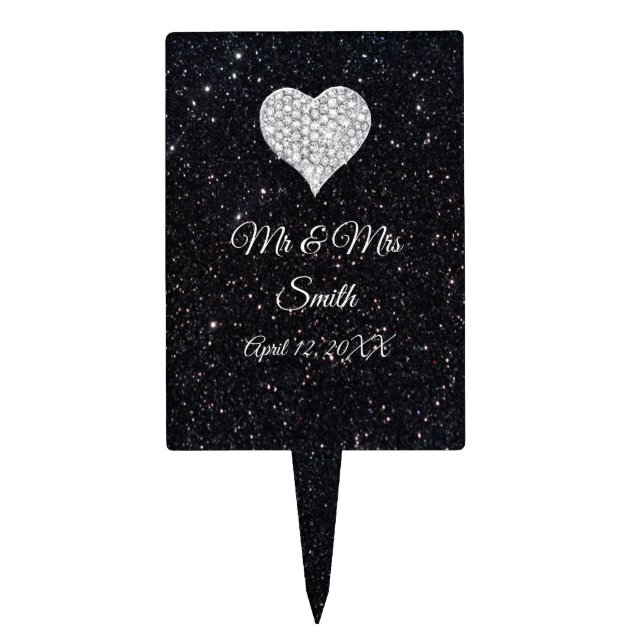 Diamond Heart Black Glitter Wedding Cake Topper (Front)