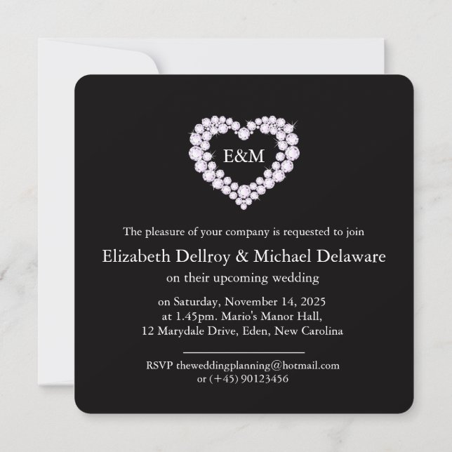 Diamond heart black wedding invitation (Back)