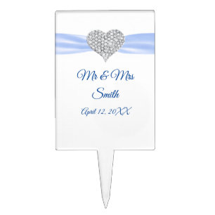 Diamond Heart Blue Ribbon Wedding Cake Topper