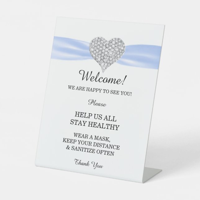 Diamond Heart Blue Ribbon Wedding Safety Pedestal Sign (Front)