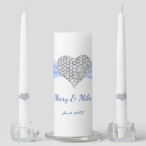 Diamond Heart Blue Ribbon Wedding Unity Candle Set