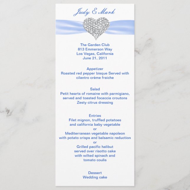 Diamond Heart Blue Wedding Menu Card (Front)