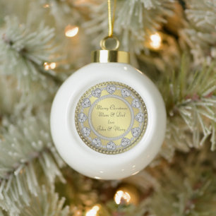 Diamond Heart Gold Christmas Ceramic Ornament