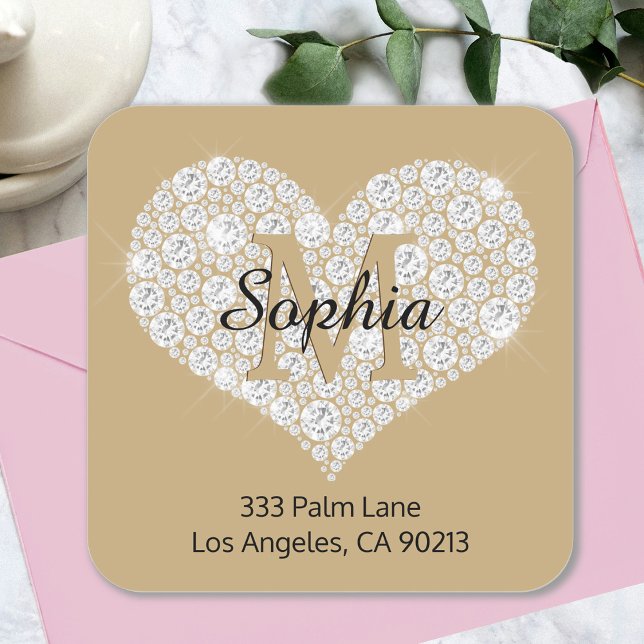 Diamond Heart, Gold Monogram, Name, Address Square Sticker (Creator Uploaded)
