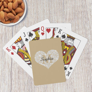 Diamond Heart, Gold Monogram, Script Name on Gold Poker Cards
