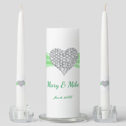 Diamond Heart Green Ribbon Wedding Unity Candle Set