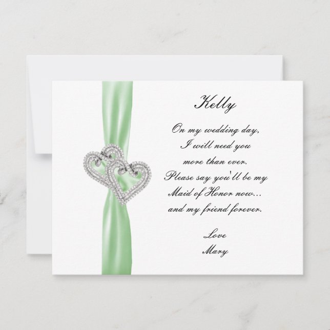 Diamond Heart Green Wedding Maid Of Honor Card (Front)