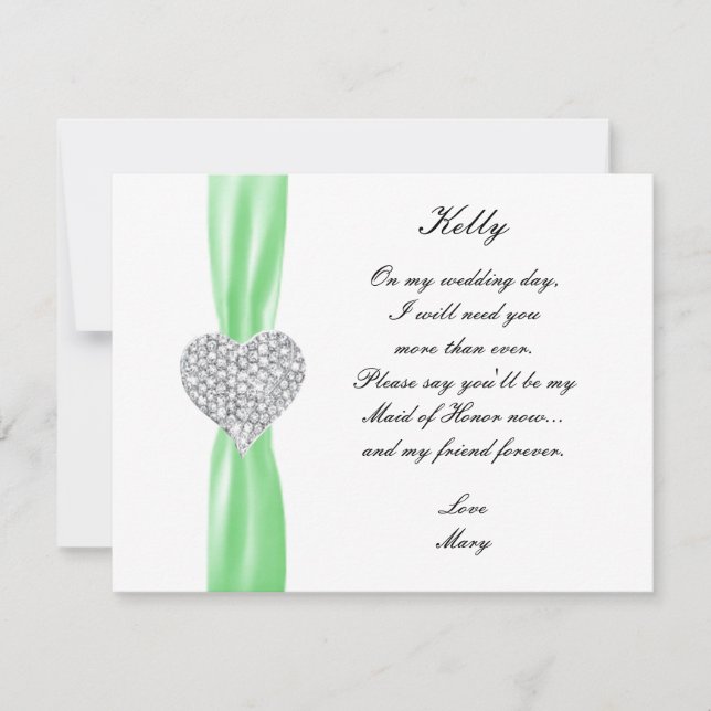 Diamond Heart Green Wedding Maid Of Honor Card (Front)