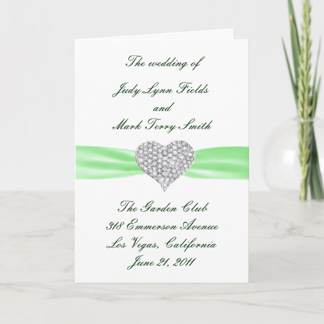 Diamond Heart Green Wedding Program Card (Front)