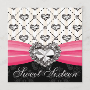 Diamond Heart Hot Pink Sweet Sixteen Invitations D