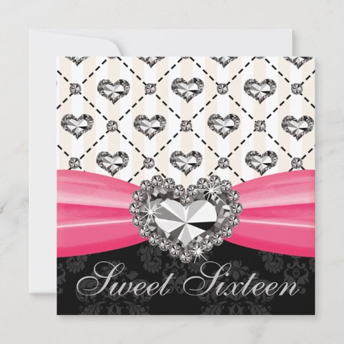 Diamond Heart Hot Pink Sweet Sixteen Invitations D