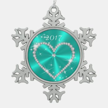 Diamond Heart On Teal Sparkly Satin Snowflake Pewter Christmas Ornament by KitzmanDesignStudio at Zazzle