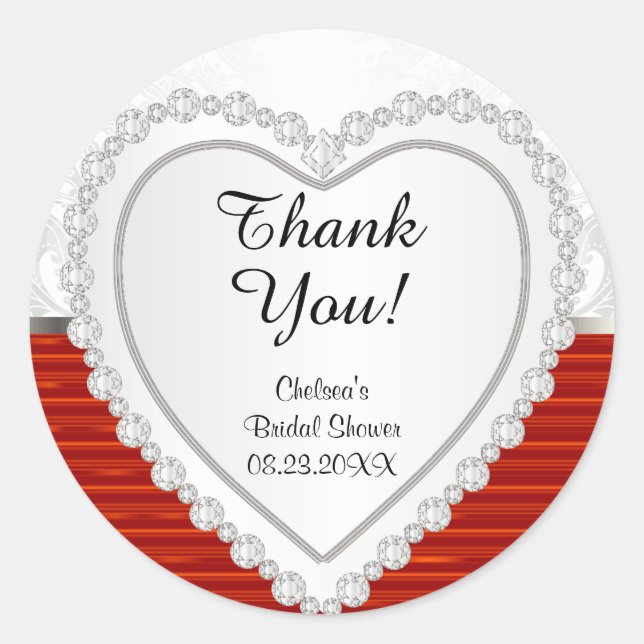 Diamond Heart on White and Red Background Classic Round Sticker (Front)