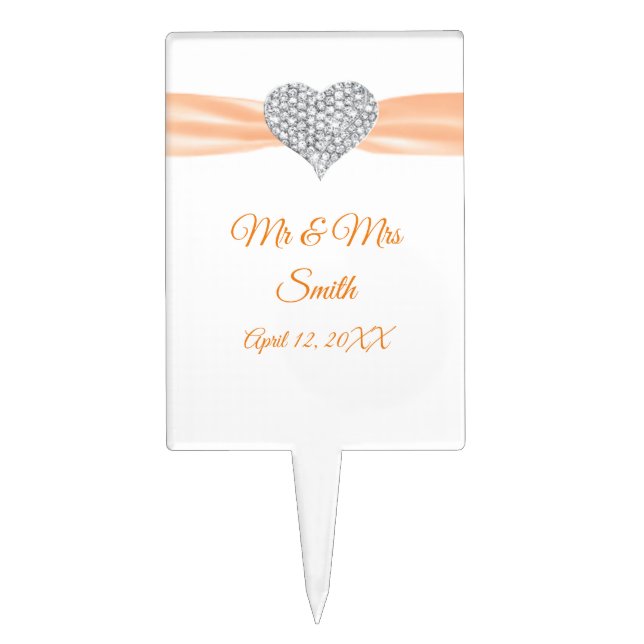 Diamond Heart Orange Ribbon Wedding Cake Topper (Front)