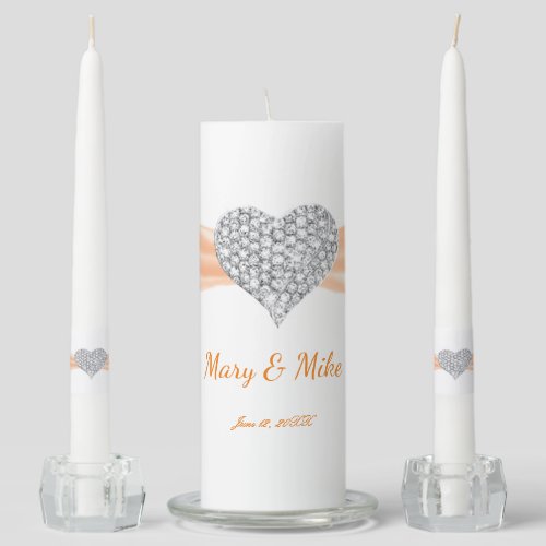 Diamond Heart Orange Ribbon Wedding Unity Candle Set