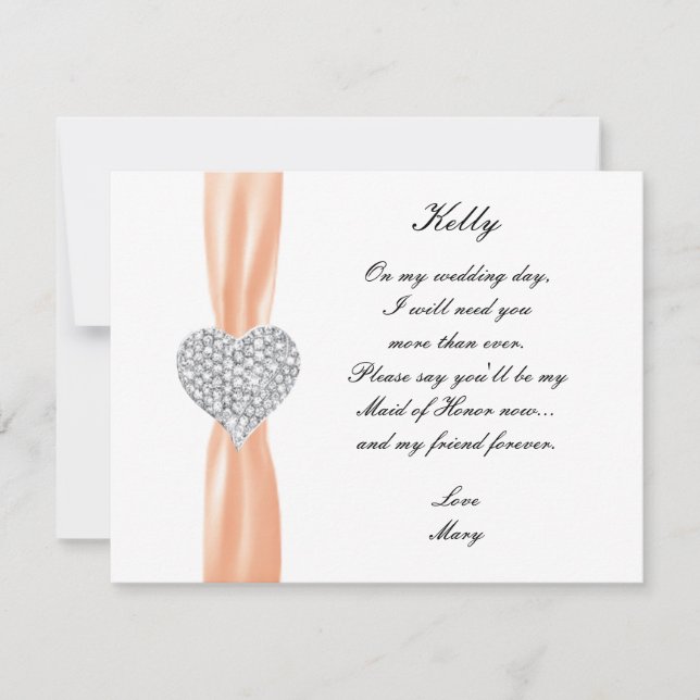 Diamond Heart Orange Wedding Maid Of Honor Card (Front)