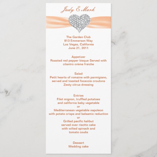 Diamond Heart Orange Wedding Menu Card (Front)