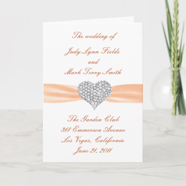 Diamond Heart Orange Wedding Program Card (Front)