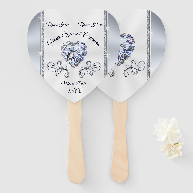 Diamond Heart Personalized Wedding Fans in Bulk (Front and Back)