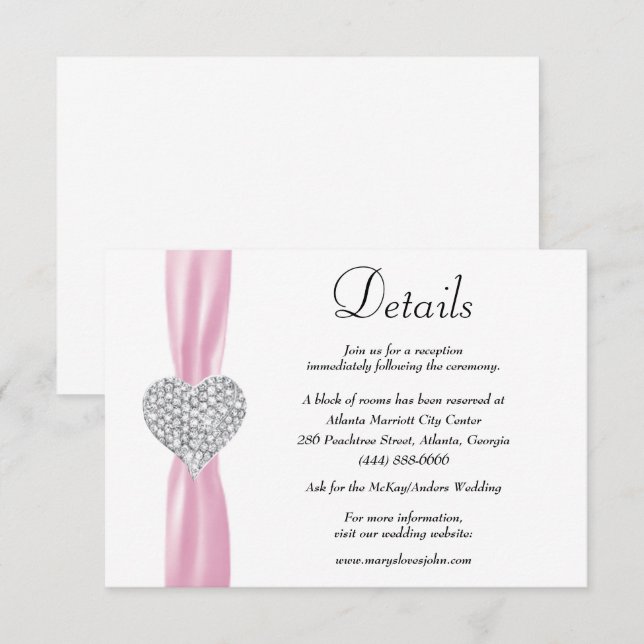 Diamond Heart Pink Ribbon Wedding Details Enclosure Card (Front/Back)
