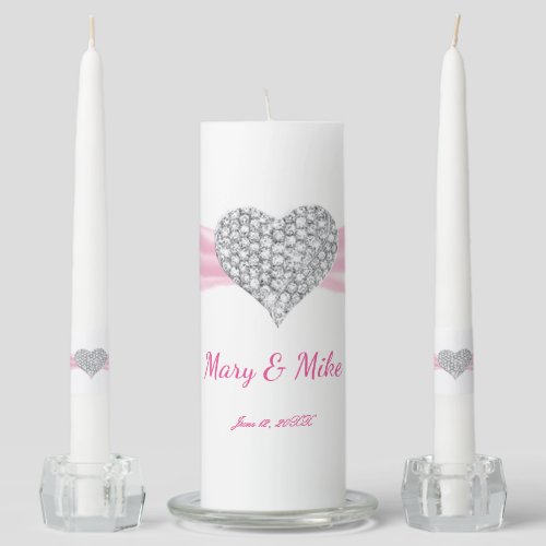 Diamond Heart Pink Ribbon Wedding Unity Candle Set