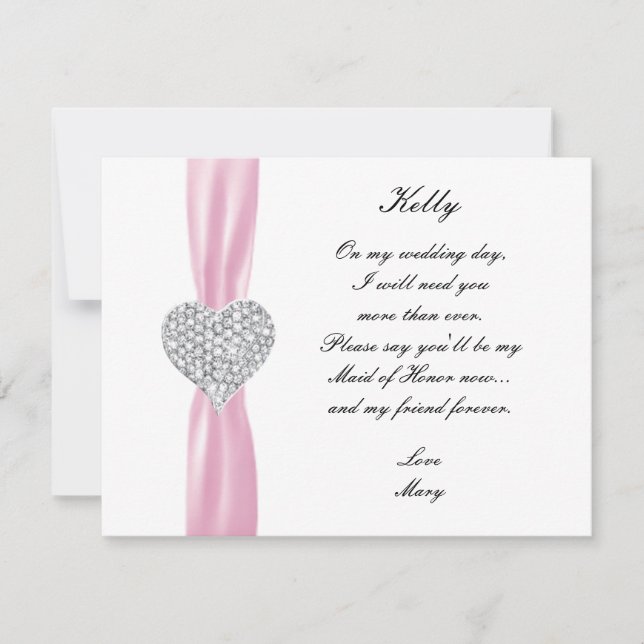 Diamond Heart Pink Wedding Maid Of Honor Card (Front)