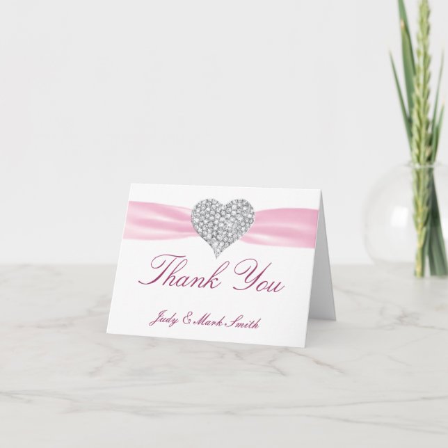 Diamond Heart Pink Wedding Thank You Card (Front)