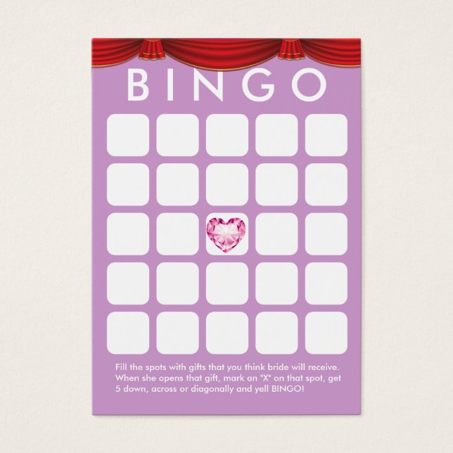Diamond Heart Purple Bridal Shower Bingo Card (Front)